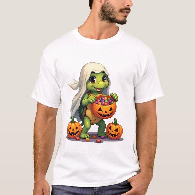 Cute Halloween Turtle Ghost with Candy (8) T-Shirt (Front)