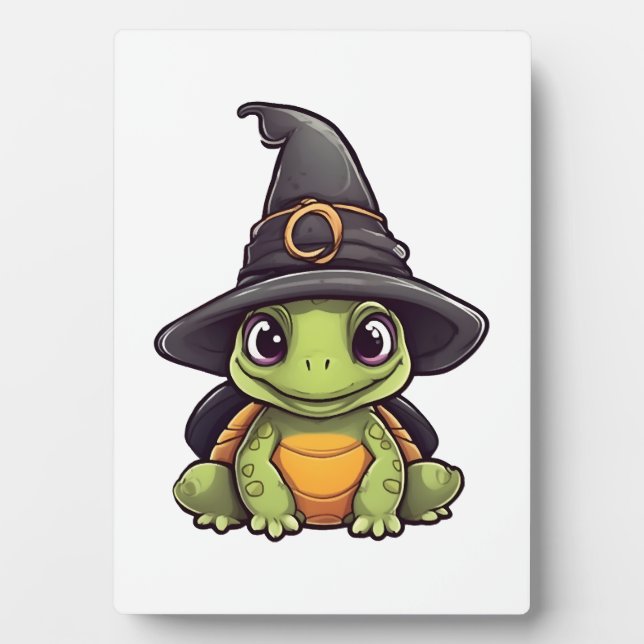 Cute Halloween turtle with a witch hat.  Plaque (Front)