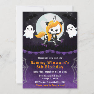 Cute Halloween Unicorn and Ghosts Birthday Party Invitation