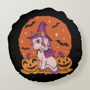 Cute Halloween Unicorn Witch Kawaii Pumpkin Round Cushion