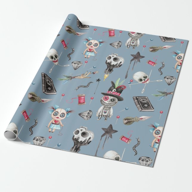 Cute Halloween Vooddoo Dolls & Attributes Wrapping Paper (Unrolled)