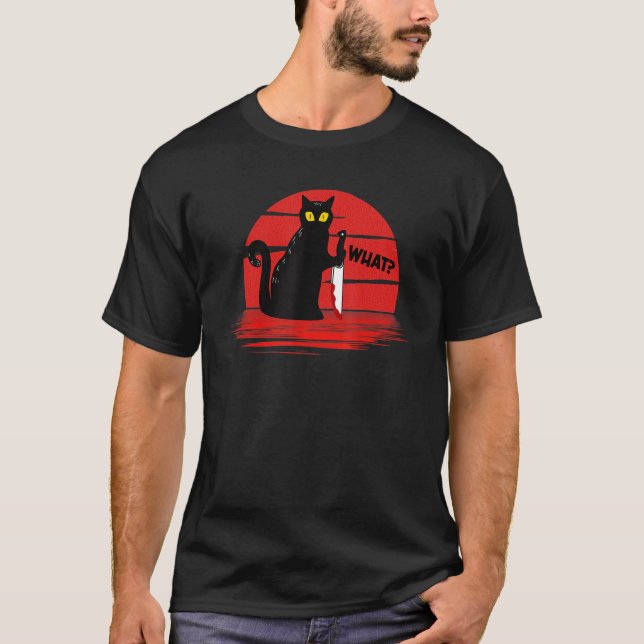 Cute Halloween What  Murderous Cat With Knife Cost T-Shirt (Front)