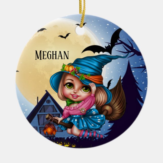 cute Halloween witch add name  Ceramic Ornament (Front)