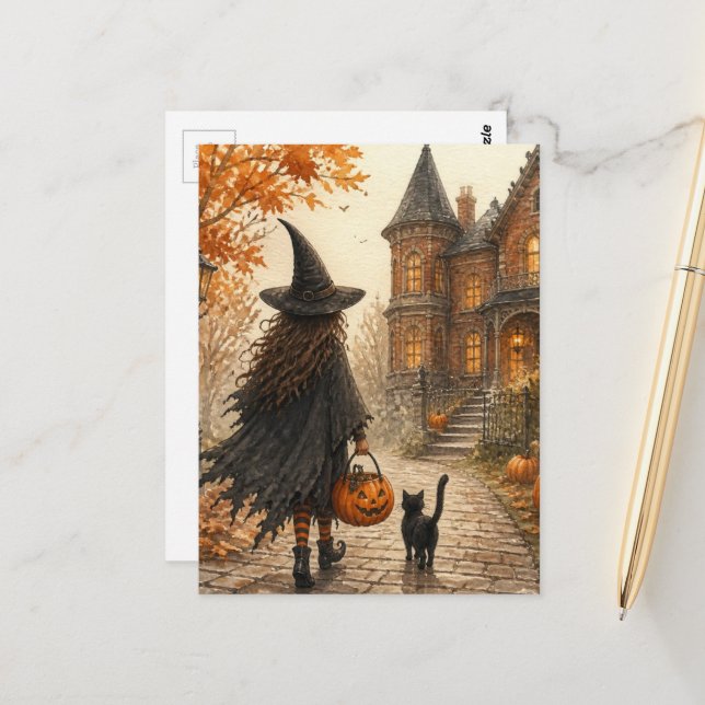 Cute Halloween Witch and Black Cat Postcard (Front/Back In Situ)
