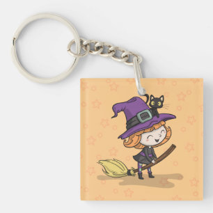 Cute Halloween Witch and Cat   Keychain