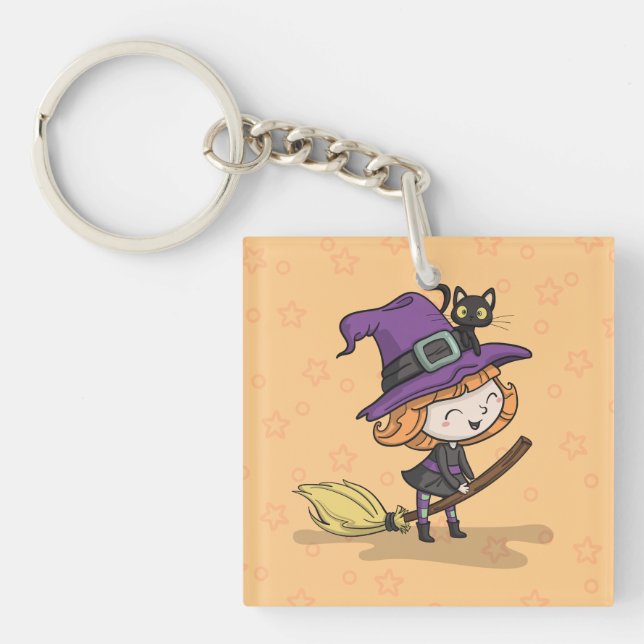Cute Halloween Witch and Cat | Keychain (Front)