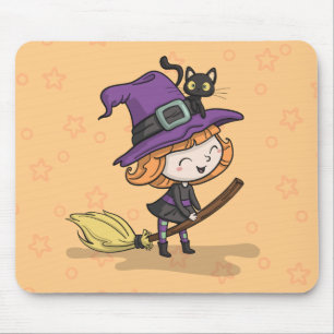 Cute Halloween Witch and Cat Mousepad
