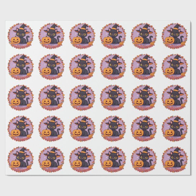 Cute+Halloween+Witch+BlackCat+PUMPKIN Wrapping Paper (Flat)