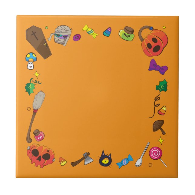 Cute Halloween Witch Broomstick orange Ceramic Tile (Front)