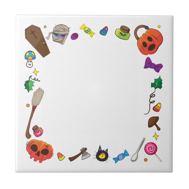 Cute Halloween Witch Broomstick white Ceramic Tile (Front)