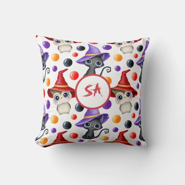 Cute Halloween Witch Cat and Owl Red Purple White Cushion (Front)