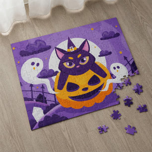 Cute Halloween Witch Cat and Pumpkin with Ghosts Jigsaw Puzzle