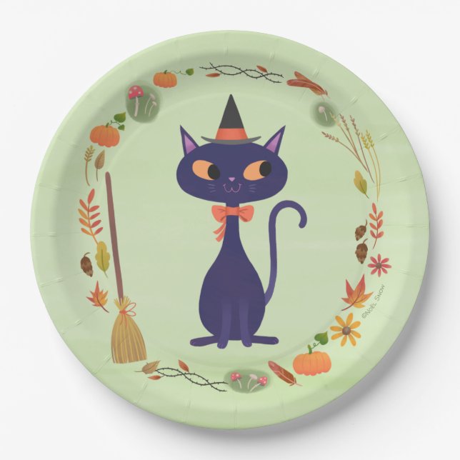 Cute Halloween Witch Cat Green  Paper Plate (Front)