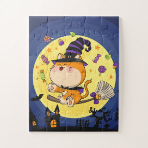 Cute Halloween Witch Cat Jigsaw Puzzle