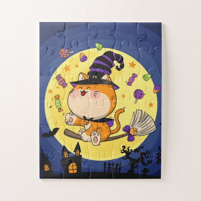 Cute Halloween Witch Cat Jigsaw Puzzle (Vertical)