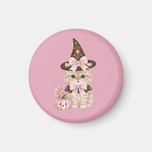 Cute Halloween Witch Cat Pink Pumpkin Magnet