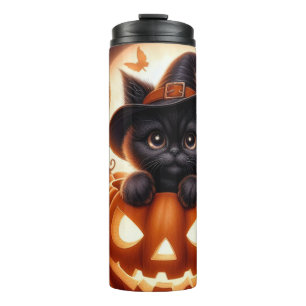 Cute Halloween Witch Cat Pumpkin Thermal Tumbler
