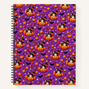 Cute Halloween Witch Cats and Pumpkins Purple Autu Notebook