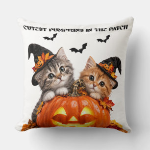 Cute Halloween Witch Cats Glowing Pumpkin Throw Cushion