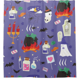 cute halloween witch cauldron tombstone graveyard shower curtain