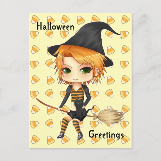 Cute Halloween witch chibi girl post card (Front)
