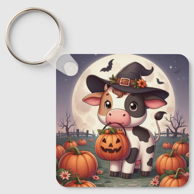 Cute Halloween witch cow Key Ring (Front)