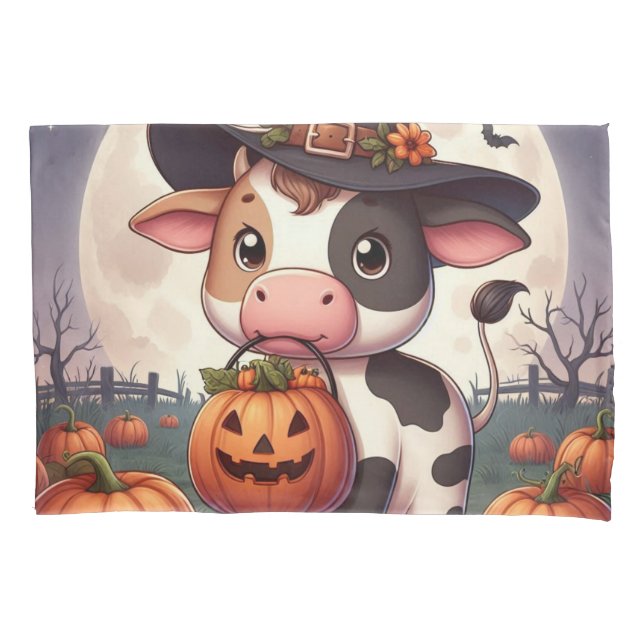 Cute Halloween witch cow Pillowcase (Front)