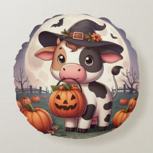 Cute Halloween witch cow Round Cushion