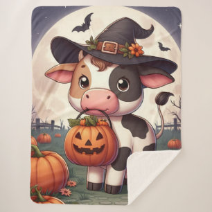 Cute Halloween witch cow Sherpa Blanket