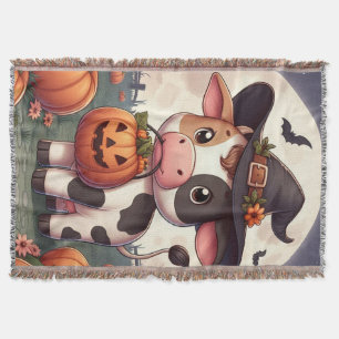 Cute Halloween witch cow Throw Blanket