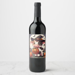 Cute Halloween witch cow Wine Label