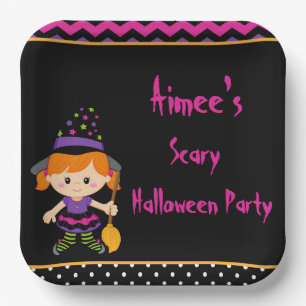 Cute Halloween Witch Girl Halloween Party Paper Plate