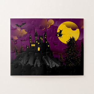 Cute Halloween Witch Haunted House Full Moon Jigsaw Puzzle