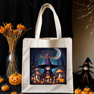 Cute Halloween Witch in Spooky Scene with Pumpkins Tote Bag