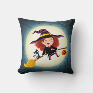 Cute Halloween Witch on Broom with Cat and Pumpkin Cushion