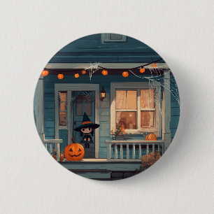Cute Halloween Witch on Spooky Porch - Button