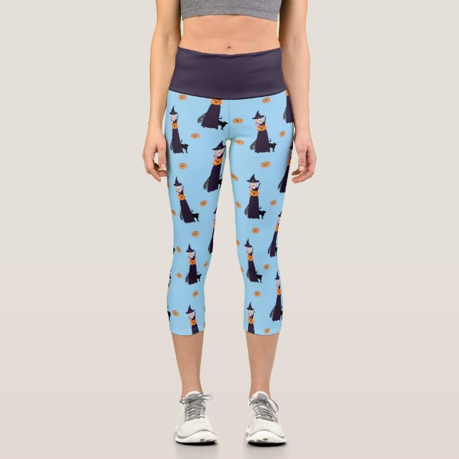 Cute Halloween Witch Pumpkin Black Cat pattern Capri Leggings (Front)