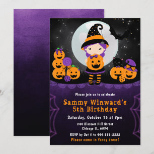 Cute Halloween Witch Pumpkins Birthday Party Invitation