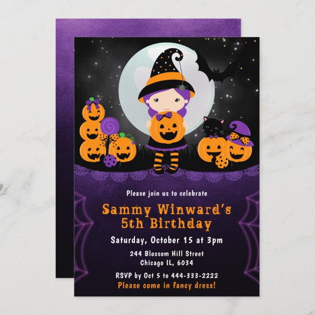 Cute Halloween Witch Pumpkins Birthday Party Invitation (Front/Back)