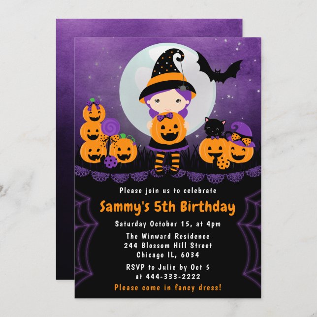 Cute Halloween Witch & Pumpkins Birthday Party Invitation (Front/Back)