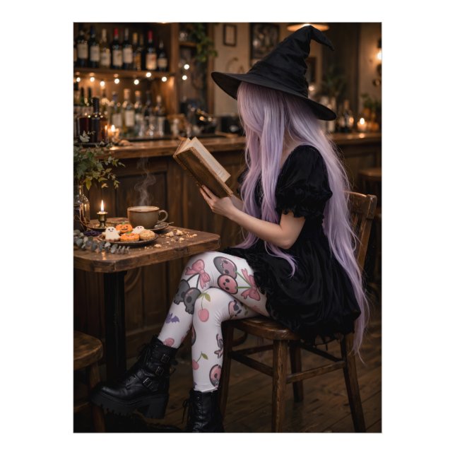 Cute Halloween Witch Reading Poster Cosy Art (Front)