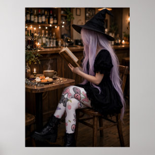 Cute Halloween Witch Reading Poster Cosy Art