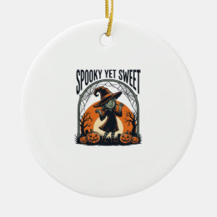 Cute Halloween Witch Spooky Yet Sweet Vintage Tee_ Ceramic Ornament