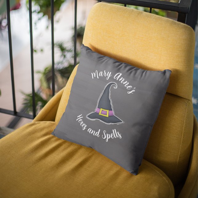 Cute Halloween Witch Typography Custom Cushion (Halloween witch theme personalized throw pillow)
