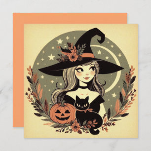 Cute Halloween Witch with Black Cat and Pumpkin Card