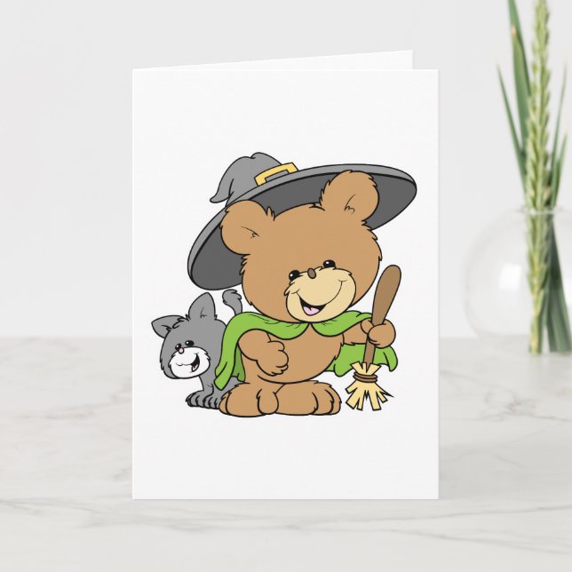 cute halloween witch with black cat teddy bear des card (Front)