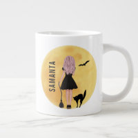 Cute Halloween Witch with Full Moon and Black Cat