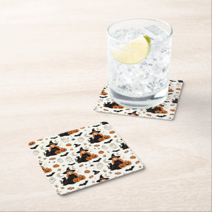 Cute Halloween Witches & Black Cats Square Paper Coaster