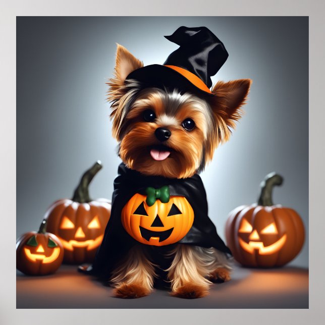 Cute Halloween Yorkshire Terrier Puppy Witch Hat  Poster (Front)