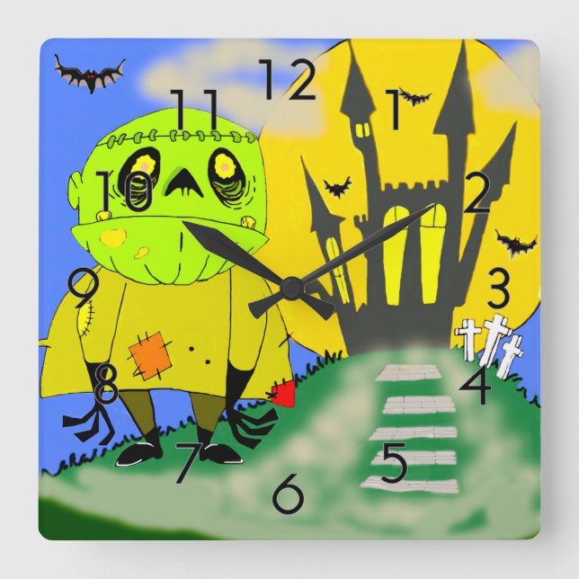 Cute Halloween Zombie and Castle Square Wall Clock (Front)
